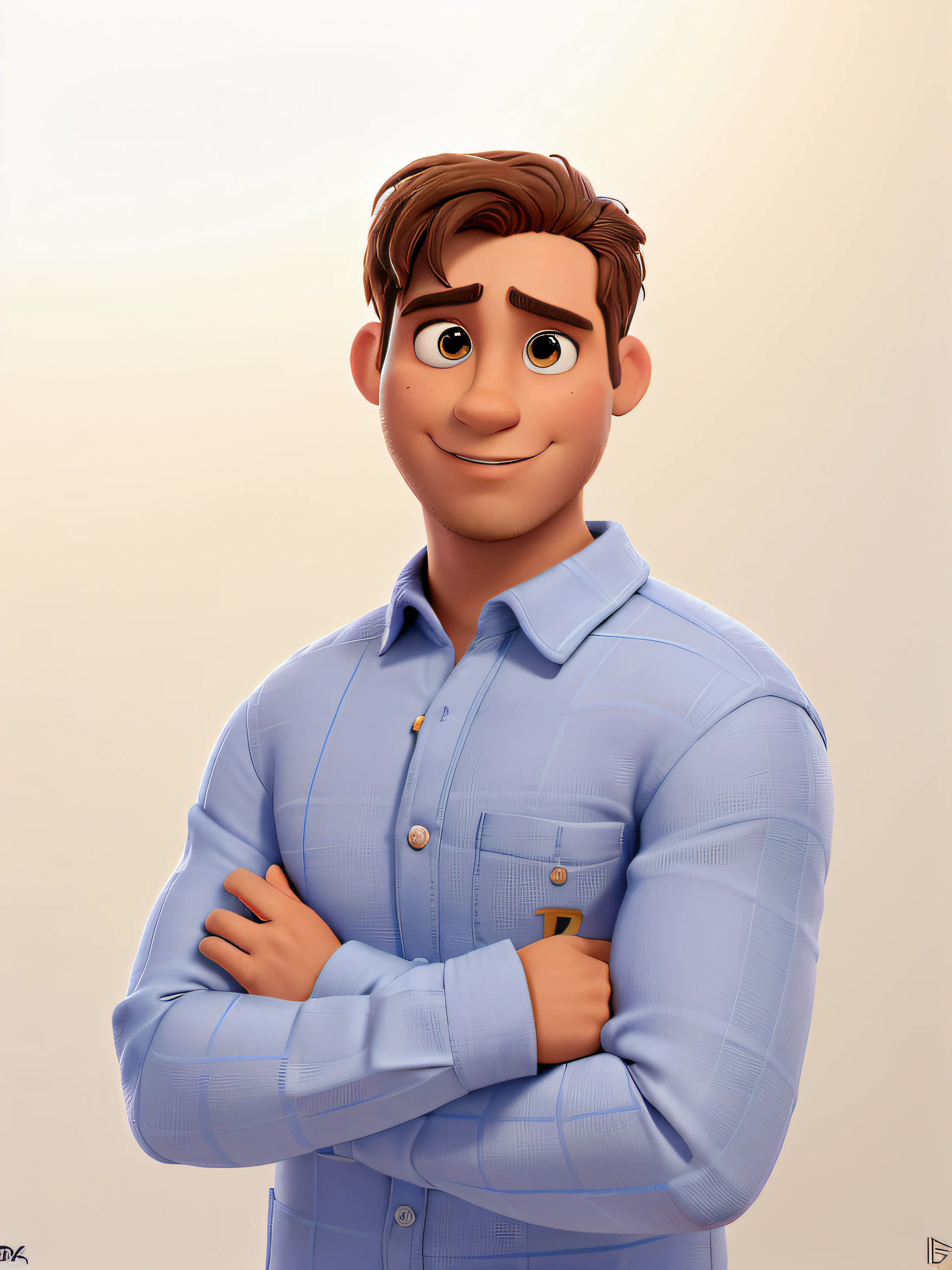 Homem com os bracos cruzados em frente a uma parede, criar em pixar style, ajustar face, adjust brown eyes and gaze direction, ajustar penteado para esquerda, ajuste homem com menos musculoso