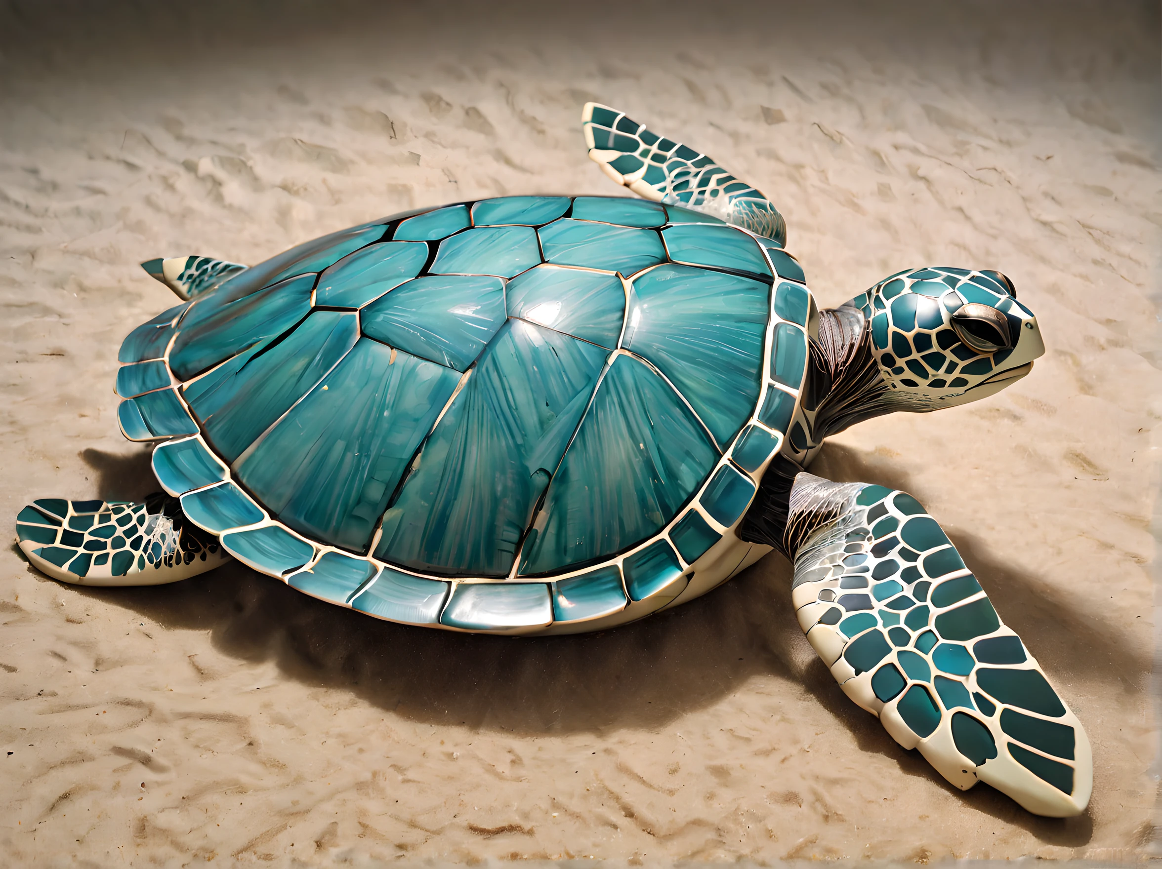 A mesmerizing sculpture that pays homage to the magnificence of sea turtles. The artist skillfully carves the intricate details of the turtle's shell, capturing the natural patterns and textures with precision. The sculpture showcases the turtle in a lifelike pose, its flippers gracefully extended as if gliding through the water. The artist's attention to detail brings the sculpture to life, capturing the essence of the turtle's gentle nature and captivating presence. This masterpiece, created by renowned sculptor Damien Hirst, invites viewers to marvel at the beauty and resilience of these ancient creatures, and serves as a poignant reminder of our responsibility to protect and preserve our oceans，((Best quality)), ((Masterpiece)), ((Realistic))