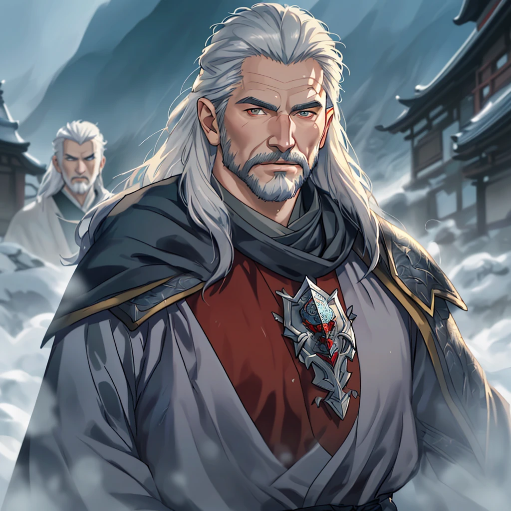 best qualityer，tmasterpiece，超高分辨率，Background of details，photorealestic，hadesstyle，独奏，male people，mature，bara，Mature male，short detailed hair，Facial hair，the witcher，A Necromancer，skelleton，terror\（The subject\） ,dark fantacy,unholy,capes,((Highest image quality+illustratio+tmasterpiece:1.3+超詳細:1.2))，（Super detailed face+The eye），Cinematic lighting，（whaite hair+long whitr hair），track suit，The upper part of the body，looking at viewert（Casual expressions），Random scenes，Random weather，（a color），（slow motion：1.2），（Soft light and shadow：1.3）。