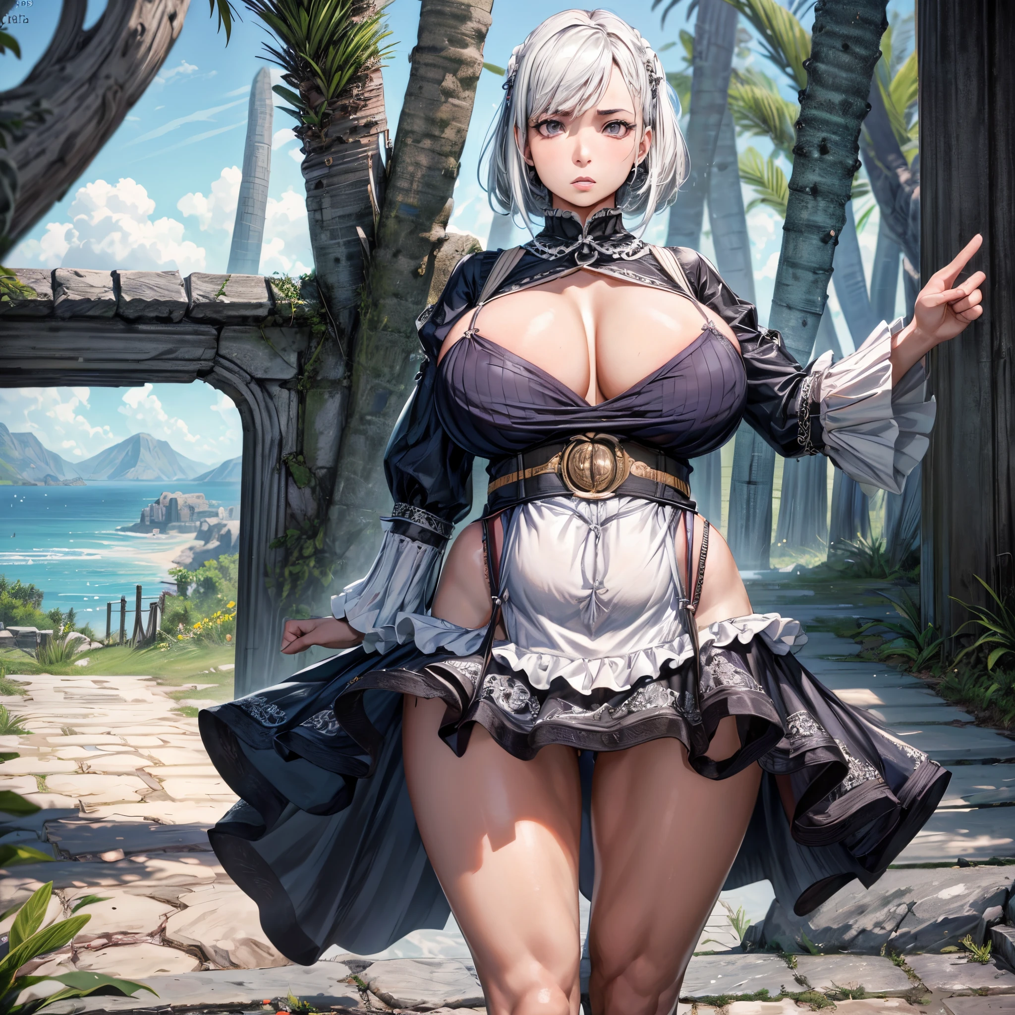 Chica impresionante, La mejor calidad, ultra-high-resolution, (fotorrealista:1.4), Revelador traje de negocios negro, Gargantilla negra, (faded ash-white hair:1), (pechos gigantescos, senos grandes, pechos enormes:1.4), Saggy breasts, muslos gruesos, caderas gruesas y anchas, Mirando al espectador, Vista desde arriba