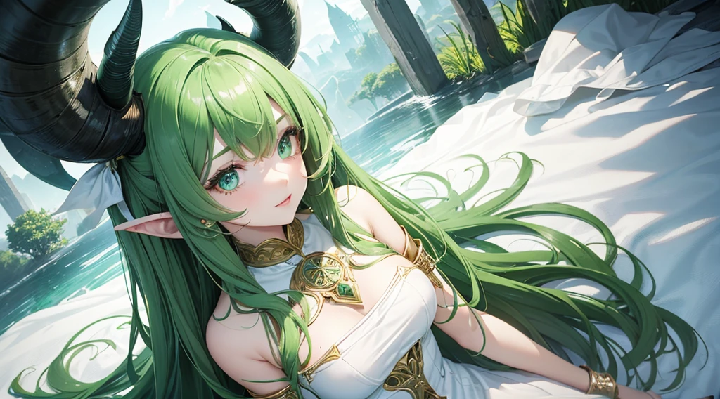 1 girl with green skin and horns, beautiful face, beautiful eyes, long hair, white dress, fantasy, masterpiece, high quality