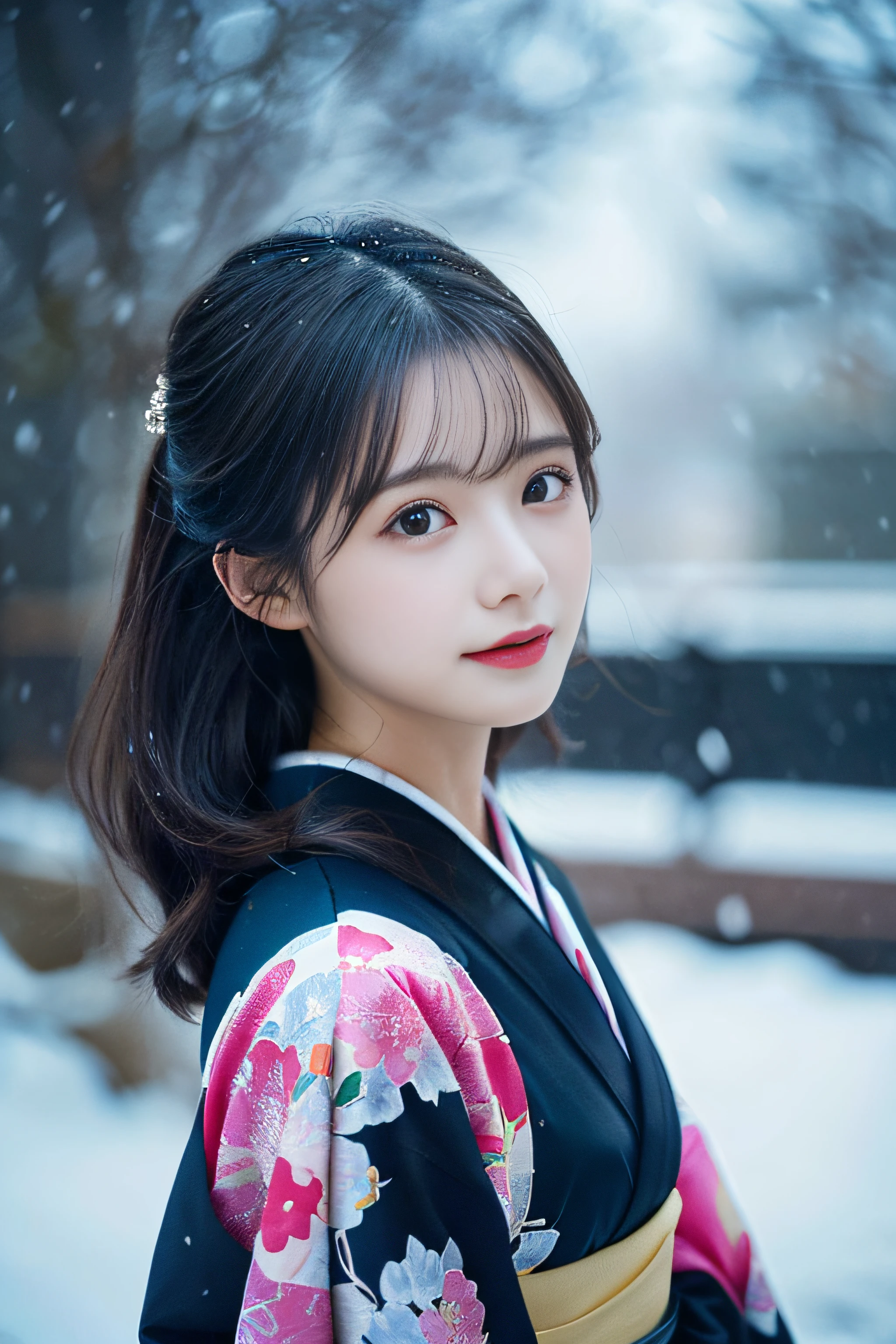 (Kimono)、(top-quality,masterpiece:1.3,超A high resolution,),(ultra-detailliert,Caustics),(Photorealsitic:1.4,RAW shooting,)Ultra-realistic capture,A highly detailed,high-definition16Kfor human skin、 Skin texture is natural、、The skin looks healthy with an even tone、 Use natural light and color,One Woman,japanes,,kawaii,A dark-haired,Middle hair,(depth of fields、chromatic abberation、、Wide range of lighting、Natural Shading、)、(Falling snow:1.2)、(Hair swaying in the wind:1.2)、(Snow reflects light:1.1)