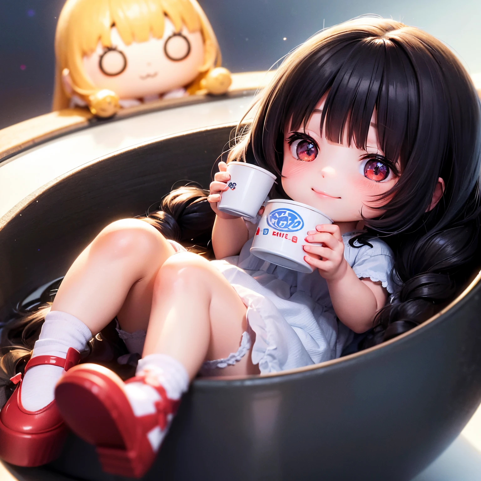 A small doll rests on the lid of a cup of noodles、A smile、Chibi Doll、Stars in the eyes（kirakira）、Eye Up、Long Black Hair、Laugh、Cute red shoes、Ultra Detail, radiant light、bio luminescent、Taken from the side、Stronger bokeh effect