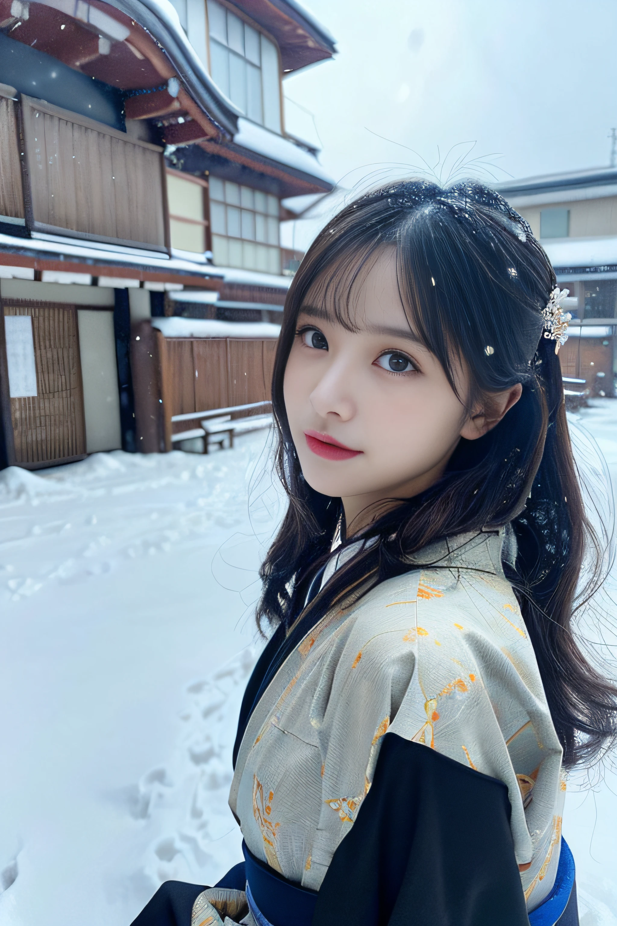(Kimono)、(top-quality,masterpiece:1.3,超A high resolution,),(ultra-detailliert,Caustics),(Photorealsitic:1.4,RAW shooting,)Ultra-realistic capture,A highly detailed,high-definition16Kfor human skin、 Skin texture is natural、、The skin looks healthy with an even tone、 Use natural light and color,One Woman,japanes,,kawaii,A dark-haired,Middle hair,(depth of fields、chromatic abberation、、Wide range of lighting、Natural Shading、)、(Falling snow:1.2)、(Hair swaying in the wind:1.2)、(Snow reflects light:1.1)