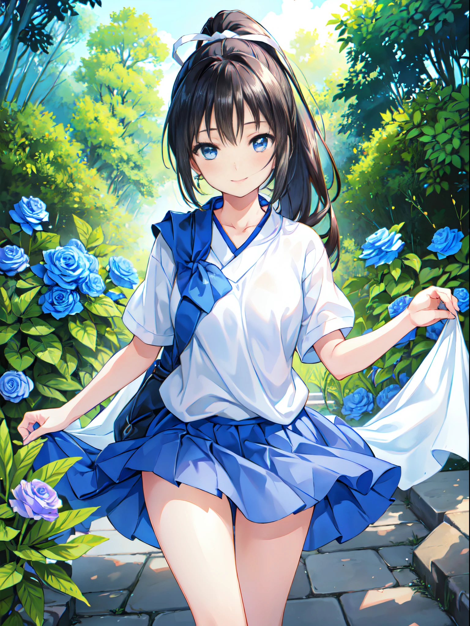 masterpiece, Highest quality, High resolution, Semantics 1, One girl, Nozomi Kasaki, alone, View your viewers, blue eyes, Black socks, ponytail, Sailor collar, Blue Skirt, Black Hair, blue Sailor collar, Pleated skirt, Blue neckerchief, Short sleeve, Long Hair, White shirt, Knee-high, watch, bangs, Cowboy Shot, spread legs, ((Showing panties:1.5)), (Showing nipples:1.3)