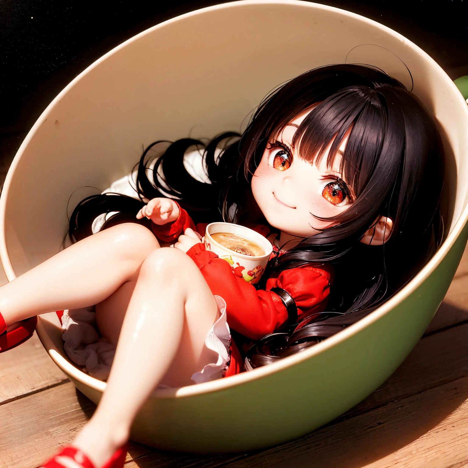 A small doll rests on the lid of a cup of noodles、A smile、Chibi Doll、Stars in the eyes（kirakira）、Eye Up、Long Black Hair、Laugh、Cute red shoes、Ultra Detail, radiant light、bio luminescent、Taken from the side、Stronger bokeh effect