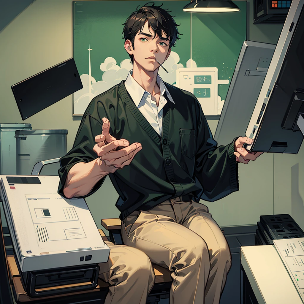 one black short hair middle aged man, hand hold the rice ball bring to his mouth, green work clothes, sit down on office chair, PC put on desk. in the factory.