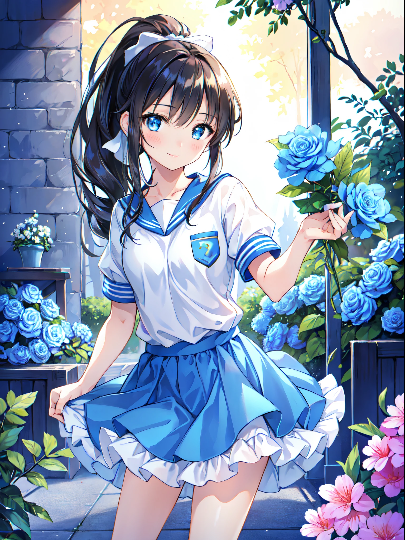 the blue rose fairy kisses the flower. That fairy is smaller than a flower. The neat costume gives off a mysterious luster. flower  field, Natural light,(Best Quality), (masutepiece:1.3), Ultra-detailed, Best Quality, masutepiece, (Game CG:1.4), NSFW, Detailed beautiful face and eyes,Burst breasts、, large full breasts、 、、, (masterpiece, best quality), (photorealistic:1.37), RAW photo, highres, (high detailed face), frontal, ((((1girl)))), ((( solo ))), Japanese, delicate and pretty, perfect face, beautiful detailed eyes, ((smile)), fair skin, real human skin, pore, (((( )))), ((( kawaii, petit ))), ((small breast)), baby face,(())),black hair BREAK wearing gym uniform,(bloomers:0.7), standing in schoolyard,