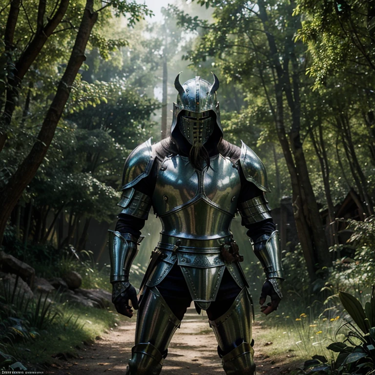 (a knight with a magical sword), metal armor, shiny armor, tall and muscular, fierce gaze, determined expression, standing in a mythical forest, beautiful sunlight filtering through the trees, misty atmosphere, ancient ruins in the background, emerald green grass, vibrant flowers, enchanted glowing sword, intricate engravings on the sword, sparks emanating from the sword, intense battle stance, fighting a ferocious dragon, epic fantasy scene, high quality illustrations, ultra-detailed, realistic style, vivid colors, cinematic lighting.