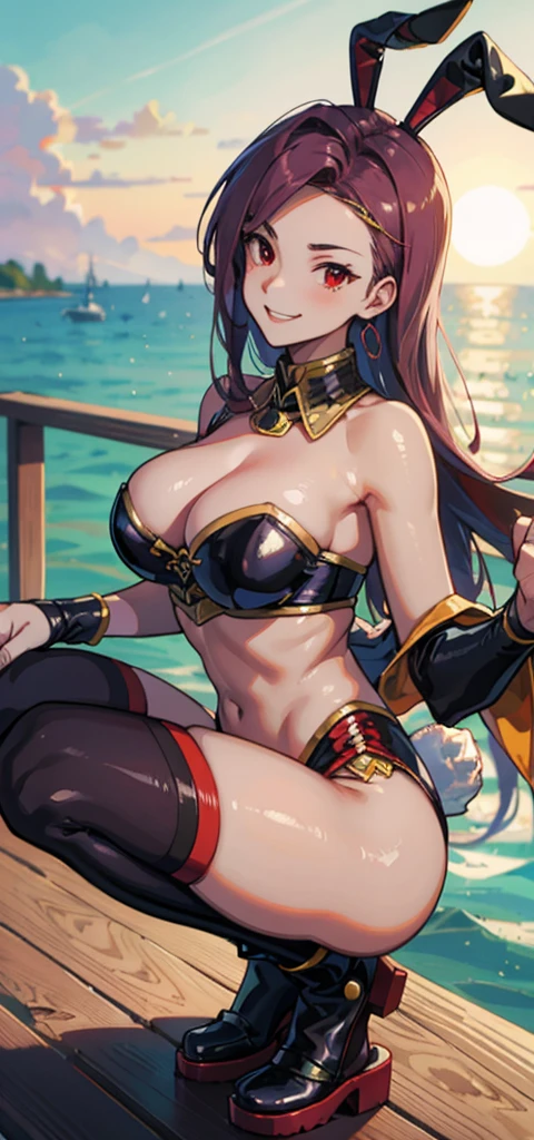 masterpiece, squatting on a pier, best quality, finely detailed, high resolution, extremely delicate and beautiful, (bunny girl), (large breasts), (red eyes), smile, toned body, exposed midriff
