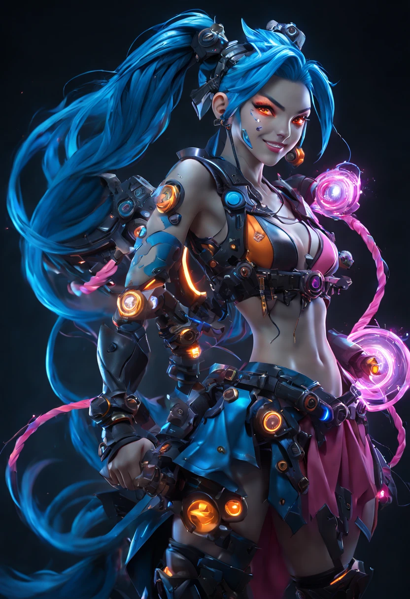 Jinx1024, Game character design，3D character rendering，(((Vector illustration style)))，League of Legends Jinx，((1girl，(Blue double ponytail: 1.5)，Blue braids，Red eyes，big laughter，future warrior，(Pink mechanical skirt: 1.3)，(A luminous magazine is tied around the waist: 1.2)，Decorated with luminous lines and rivets，With streamer effect or LED light embellishment，Hand holding laser cannon、Ion cannon or pulse cannon))，((hair design：Brilliant deep blue，Add some glowing elements，Futuristic headgear such as orange photoelectric glasses or head-mounted display))，((Expression design：Add some glowing lines or orange LED light effects to the facial decoration，Design different facial expressions，Highlight the image of future warriors))，(action design：On the move、When releasing a skill or attacking，Add some special effects and animations，Highlight the sense of future and combat)，((Special effects design：Add cool orange light effects、Electromagnetic wave effect or virtual interface，Enhance the visual impact of skin)), (((standing on your feet，Metal heels: 1.8, Glowing lines or orange LED light effect))), (full body shot of: 1.5)，jinx (league of legends)，(starryskybackground，simplebackground))