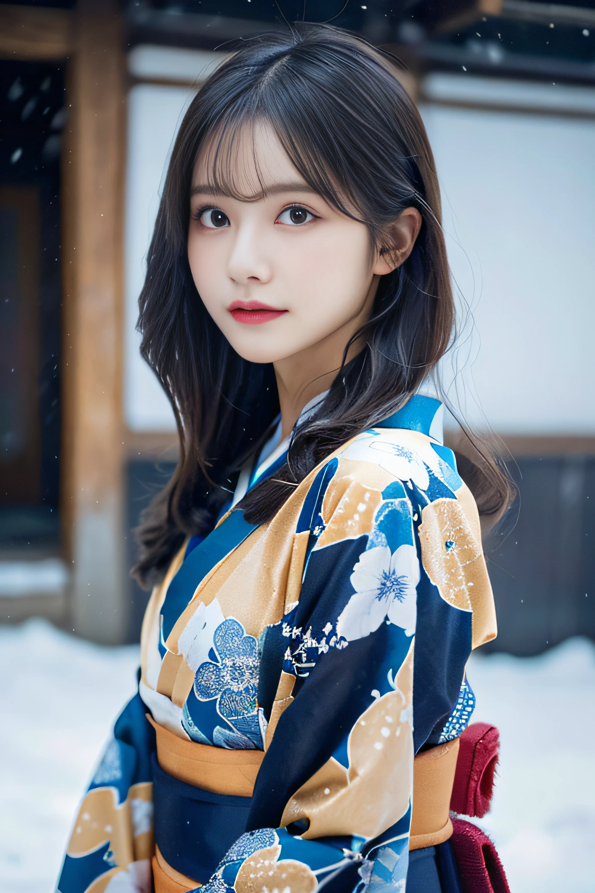 (Kimono)、(top-quality,masterpiece:1.3,超A high resolution,),(ultra-detailliert,Caustics),(Photorealsitic:1.4,RAW shooting,)Ultra-realistic capture,A highly detailed,high-definition16Kfor human skin、 Skin texture is natural、、The skin looks healthy with an even tone、 Use natural light and color,One Woman,japanes,,kawaii,A dark-haired,Middle hair,(depth of fields、chromatic abberation、、Wide range of lighting、Natural Shading、)、(Falling snow:1.2)、(Hair swaying in the wind:1.2)、(Snow reflects light:1.1)