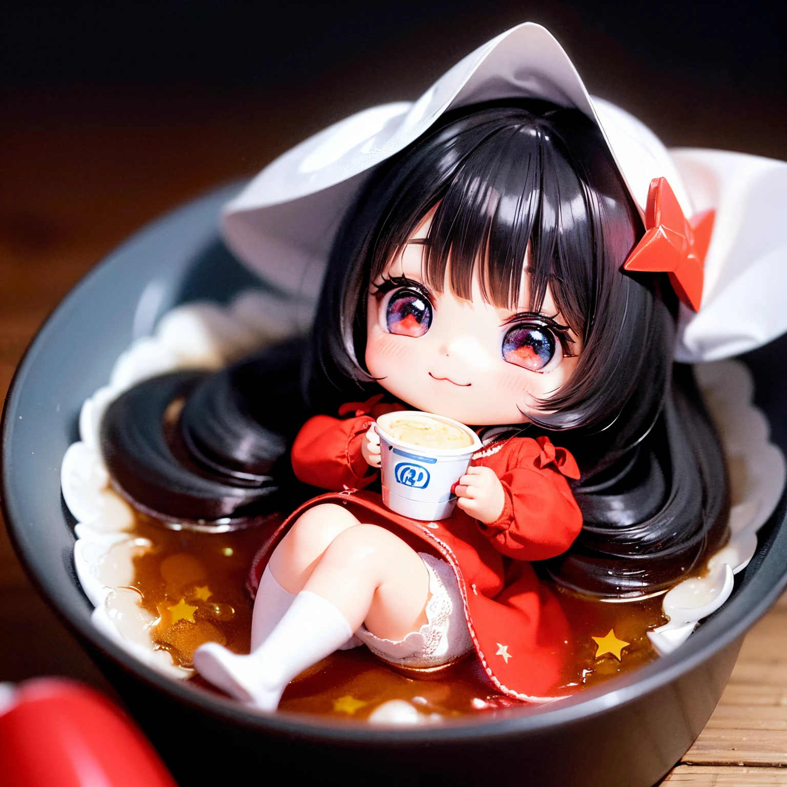 A small doll rests on the lid of a cup of noodles、A smile、Chibi Doll、Stars in the eyes(kirakira)、Eye Up、Long Black Hair、Laugh、Cute red shoes、Ultra Detail, radiant light、bio luminescent、Taken from the side、Stronger bokeh effect