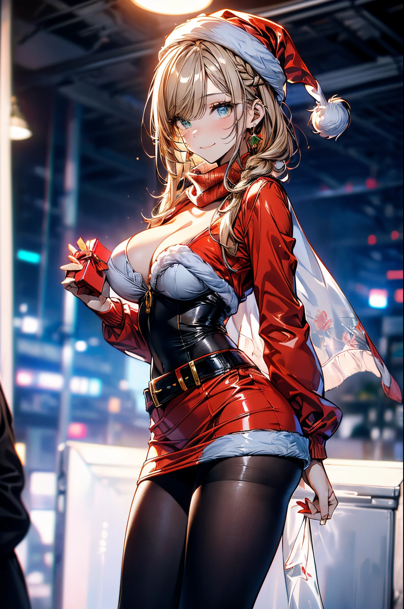 (image board:1.3), ((Santa girl:1.3, holding a present box:1.2)), a matured woman with long black hair and a red outfit, red winter coat with bore, scarfs, tigh length long boots, red and green winter outfits, holding present box with wrapping by ribbon:1.5, Christmas tree decorated with many ornaments, wearing red pencil skirt, Arabic, bodyesbian, fine details, beautiful anime illustration, 28 years old, (milf:1.3), (solo:1.5), (sfw:1.25), (sagging breast, fuge breasts, big tits, thin waist, big ass:1.2), Raised sexy, (dark mahogany medium short hair, updo, hair over one eye, asymmetric hair, Carly hair, low tied braids), (musulman, white Headscarfs, hair bands, head vandage, Turban), (ultra high resolution, 8K RAW photo, photo realistics, thin outline:1.3, clear focus), best qualtiy, cinematic lighting, textile shading, blurry back ground, field of depth, bokeh, (Bright pupils, fine detailed beautiful eyes with highlight:1.3, high detailed face), Red lip, fine realistic skins:1.1, looking at viewers:1.3, (dynamic angle:1.3, full body:1.3, front view:1.1, tigh focus:1.3, from below:1.2), (dynamic posing:1.5, sexy posing:1.2, leaning forward:1.2), (seductive smile:1.2), centered image, (wearing red long jacket with bore and clothes, ((bare breast:1.37)), gold ornaments, rolling red clothes around waist, dark red long leather boots:1.3, translucent lace pantyhose), (((correct anatomy:1.5, perfect anatomy:1.37))), (in a night:1.3), indoors,