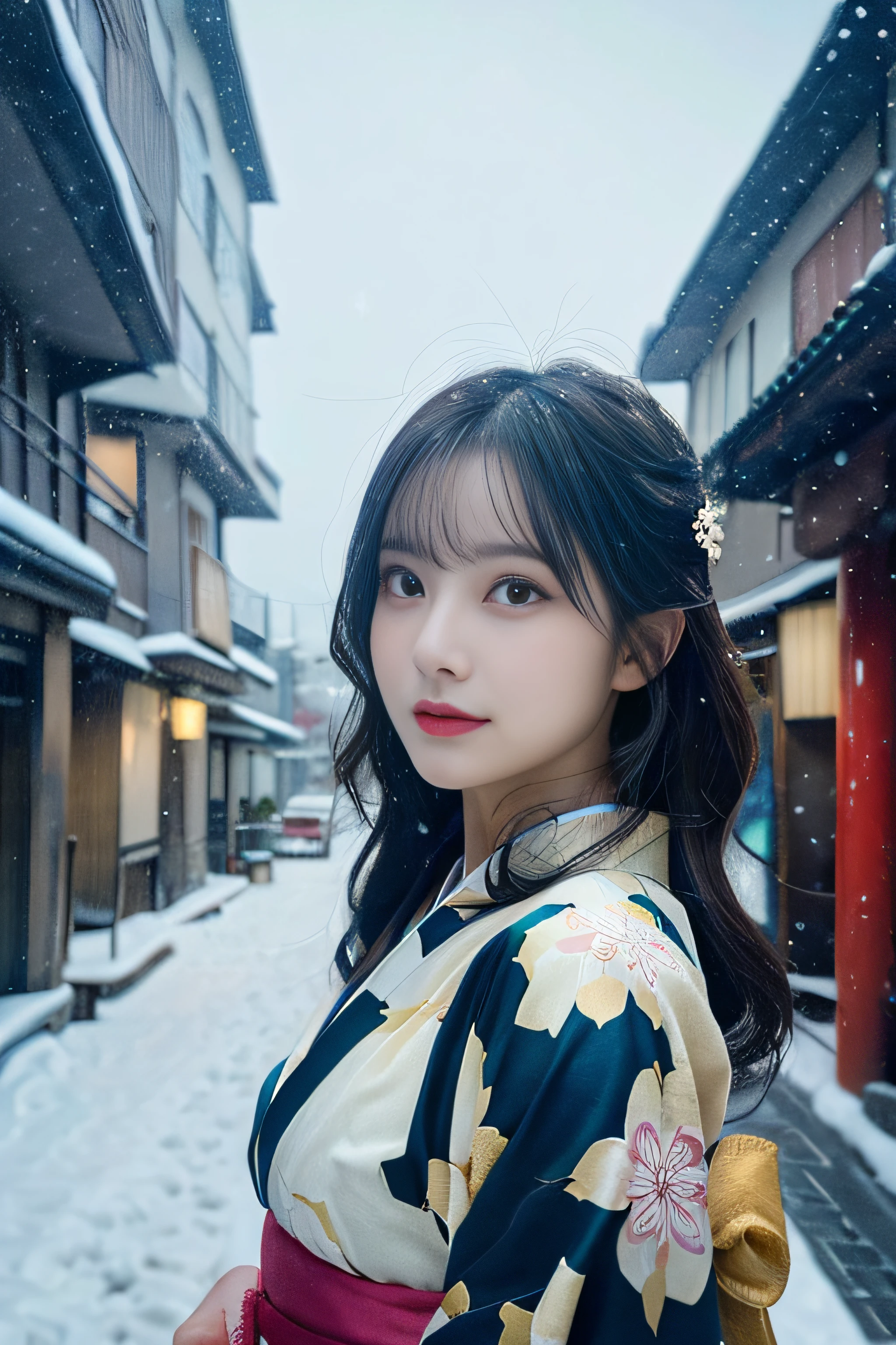 (Kimono)、(top-quality,​masterpiece:1.3,超A high resolution,),(ultra-detailliert,Caustics),(Photorealsitic:1.4,RAW shooting,)Ultra-realistic capture,A highly detailed,high-definition16Kfor human skin、 Skin texture is natural、、The skin looks healthy with an even tone、 Use natural light and color,One Woman,japanes,,kawaii,A dark-haired,Middle hair,(depth of fields、chromatic abberation、、Wide range of lighting、Natural Shading、)、(Falling snow:1.2)、(Hair swaying in the wind:1.2)、(Snow reflects light:1.1)
