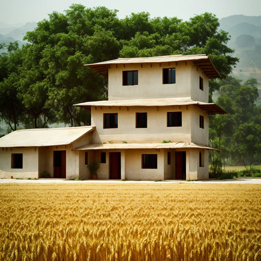 Indian cemented house , between wheat crop , liminal , horrifying