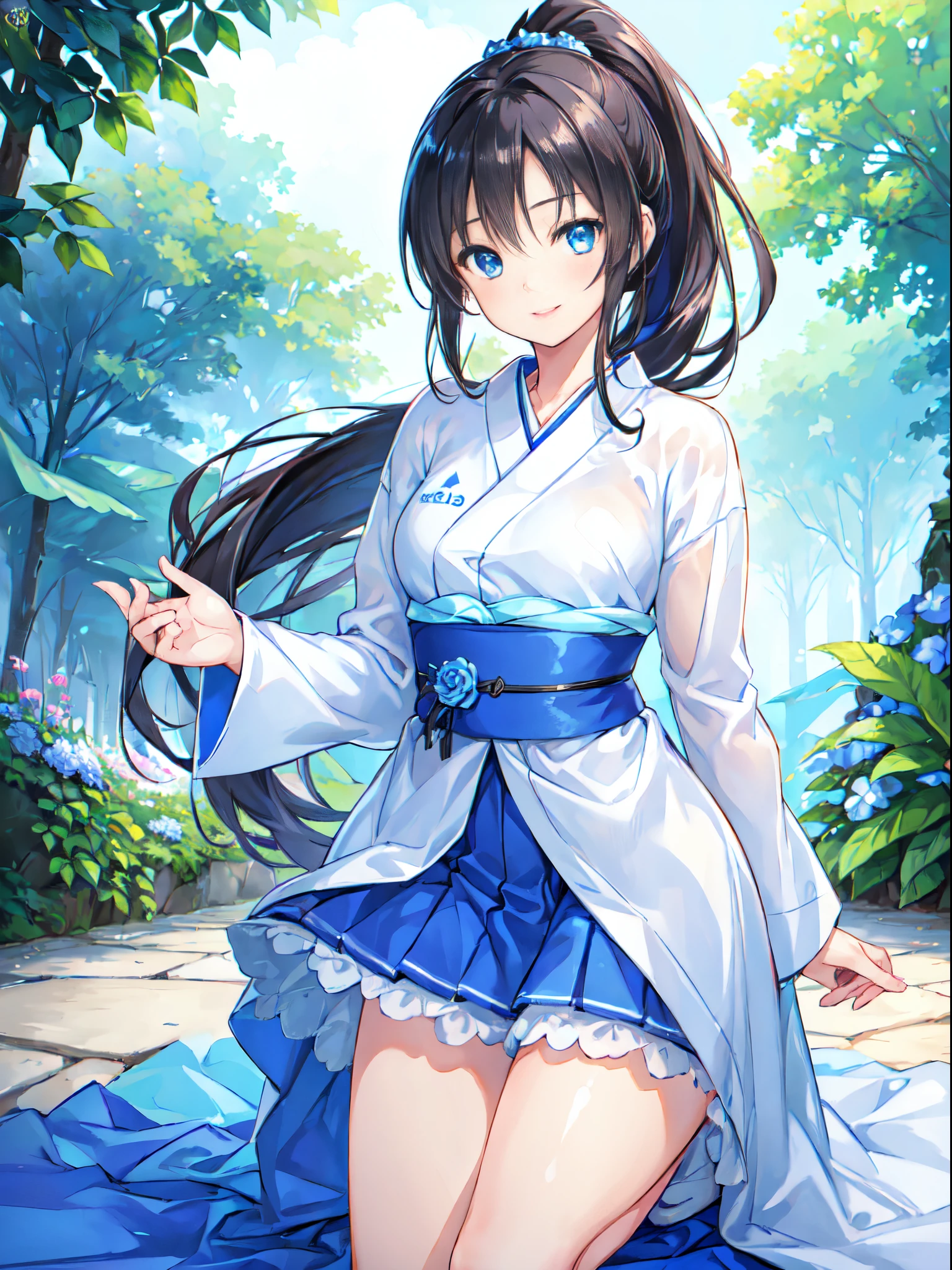 the blue rose fairy kisses the flower. That fairy is smaller than a flower. The neat costume gives off a mysterious luster. flower  field, Natural light,(Best Quality), (masutepiece:1.3), Ultra-detailed, Best Quality, masutepiece, (Game CG:1.4), NSFW, Detailed beautiful face and eyes,Burst breasts、, large full breasts、 、、, (masutepiece, Best Quality), (Photorealistic:1.37), Raw photo, hight resolution, (high detailed face), Frontal, ((((1girl in)))), ((( Solo ))), Japanese, delicate and pretty, Perfect face, Beautiful detailed eyes, ((Smile)), , (masterpiece, best quality), (photorealistic:1.37), RAW photo, highres, (high detailed face), frontal, ((((1girl)))), ((( solo ))), Japanese, delicate and pretty, perfect face, beautiful detailed eyes, ((smile)), fair skin, real human skin, pore, ((((13 years old )))), ((( kawaii, petit ))), ((small breast)), baby face,(((ponytail))),black hair BREAK wearing gym uniform,(bloomers:0.7), standing in schoolyard,