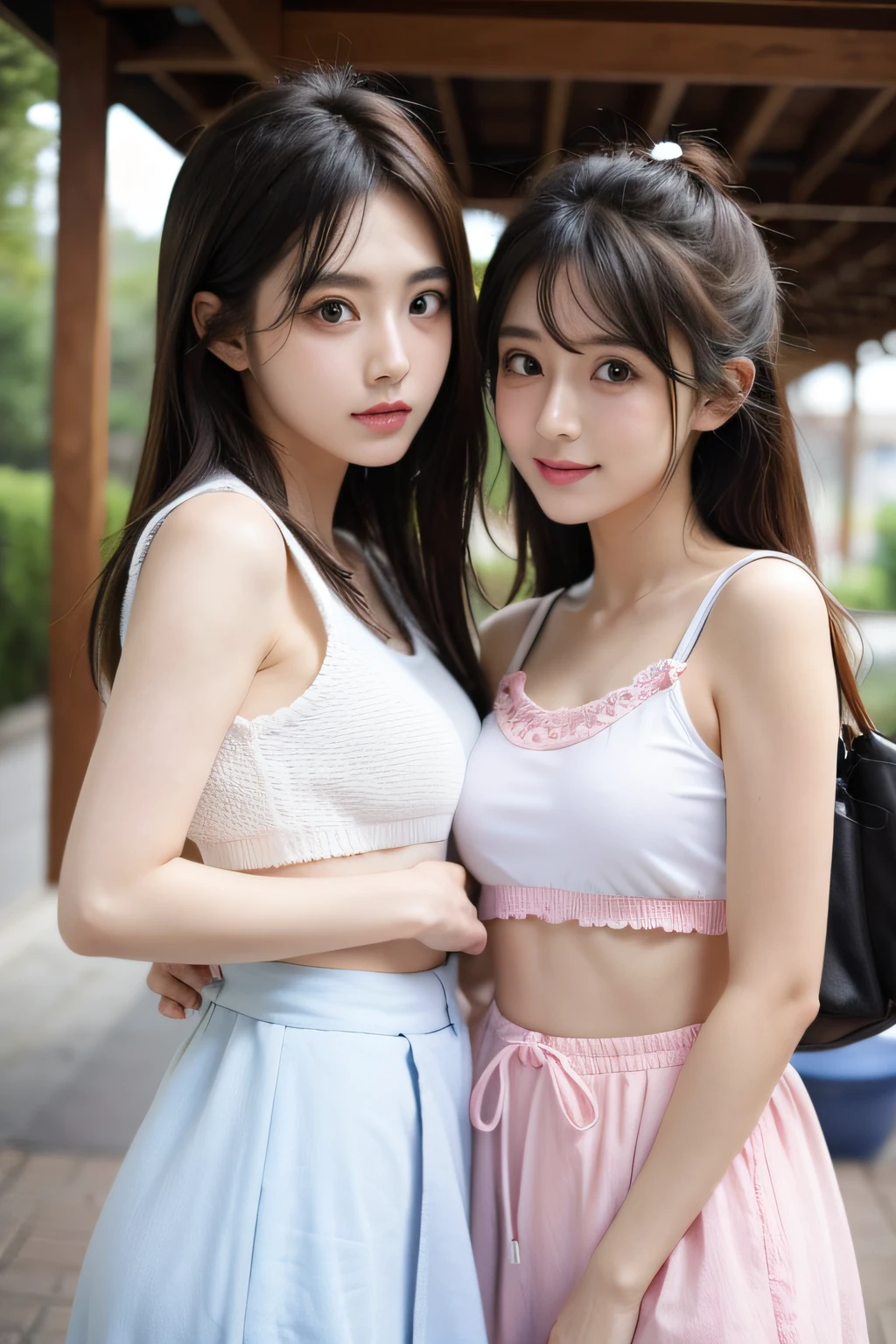 Best Quality, raw photograph,Masterpiece,bust shot,model shoot, Extremely Detailed, High Resolution, 4K, Ultra High Resolution, Detailed Shadows, Perfect Light and Shadow, duo,Two Girls in Costumes Taking Selfies on the Street,navel,Colorful Braids, Anime Role Play, Anime Style Mixed Fujifilm, Big Breasts, Cute, Laugh,