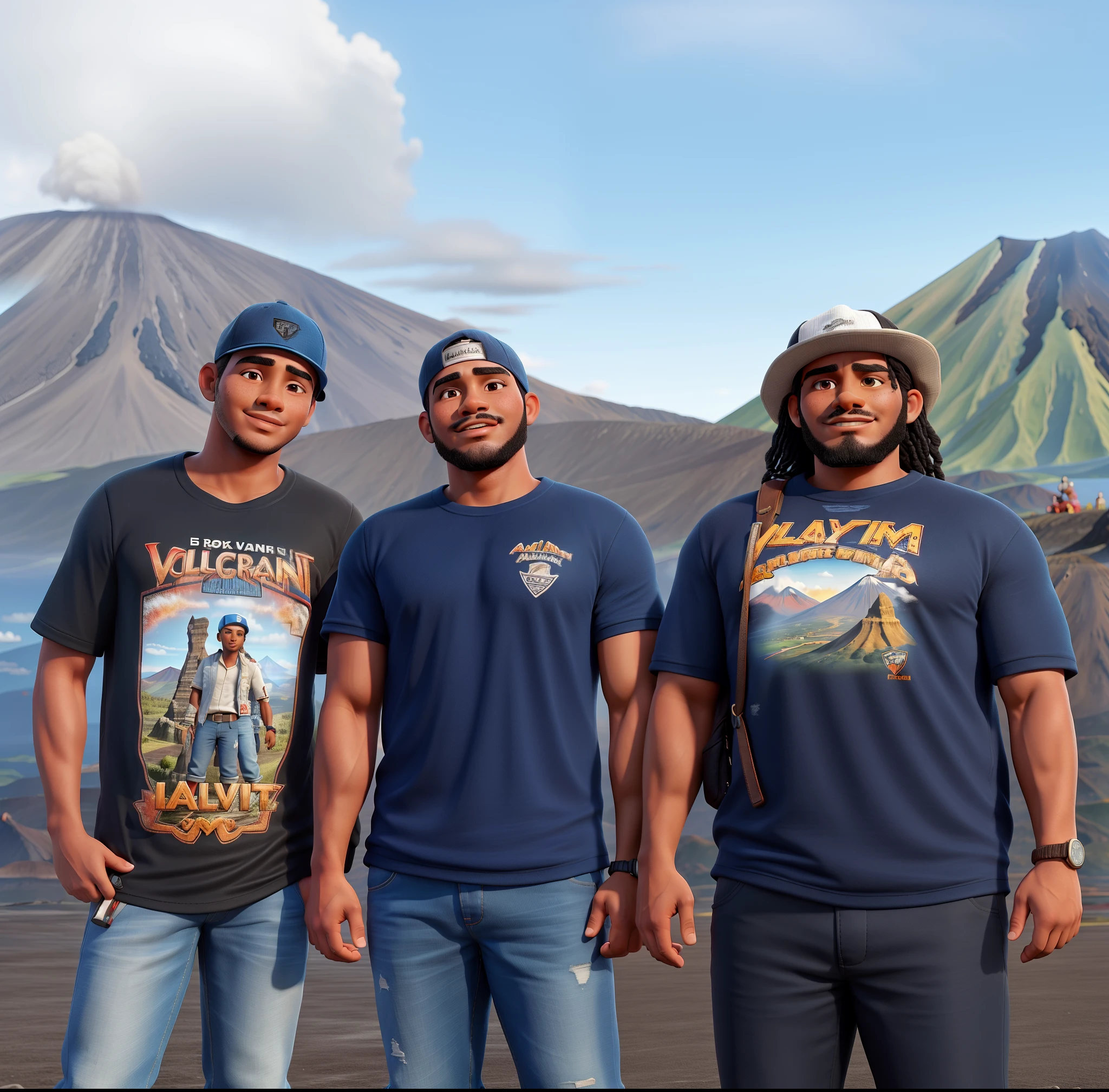 three men standing in front of a mountain with a sky background, in volcano, at a volcano, standing close to volcano, in a volcano, with a volcano in the background, black volcano afar, volcanoes in the background, official artwork, volcano in the background, volcano in background, volcanic, barong family, highly detaild, volcano setting, backup vocalists, snapback cap