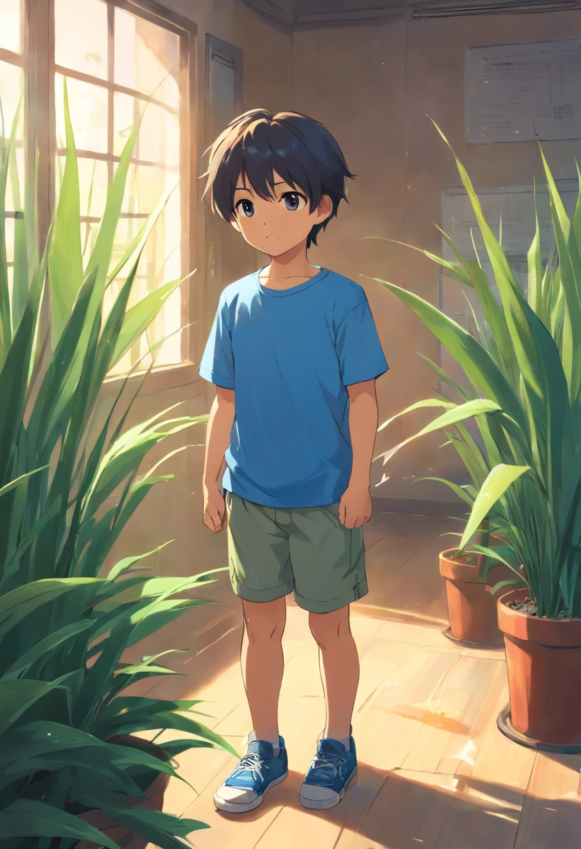 A cute boy wearing a short-sleeved blue T-shirt and sweating profusely is holding a cattail leaf fan indoors
