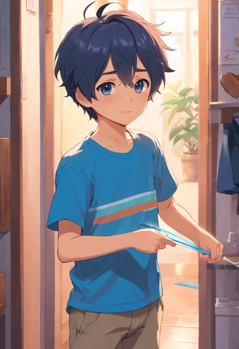 Cute  boy wearing a short-sleeved blue T-shirt, sweating profusely and soaked, holding a folding fan indoors