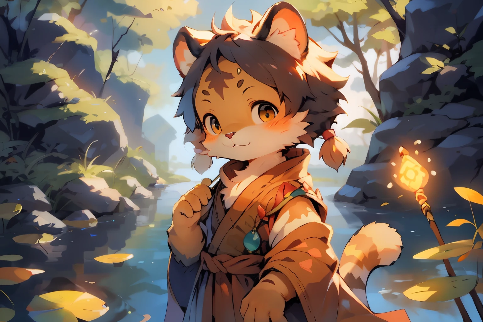 Cute and detailed digital art, Very very beautiful furry art, Detailed fanart, high-quality wallpaper, dress up as a fisherman 🧥, furry fantasy art, Popular topics on artstation pixiv,  high qulity,the only person, Furry boy, cub, ponds，River leaves，oar， young, inquisitive, daydream, glowworm，become sunny， by Pino Deheni, Kanikai, Milk Tiger 1145, Dagasi, ys，