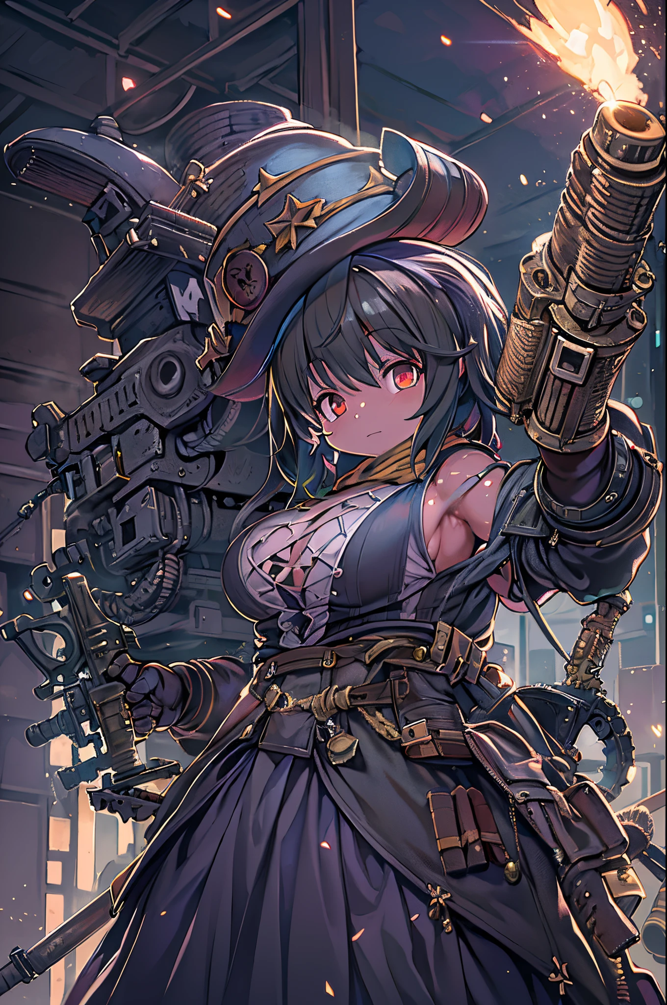 (Very detailed 8k wallpaper), Medium shot of Loline Necromancer, particle lighting, high detailing, Dramatic, Gatling gun in hand, clean back ground, Wearing a wizard's hat, Top weapon in the background removed