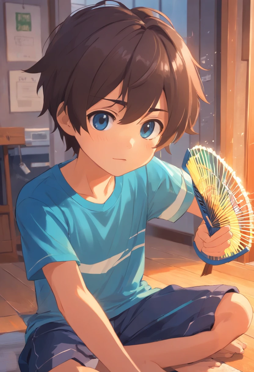 Cute  boy wearing a short-sleeved blue T-shirt, sweating profusely and soaked, holding a folding fan indoors