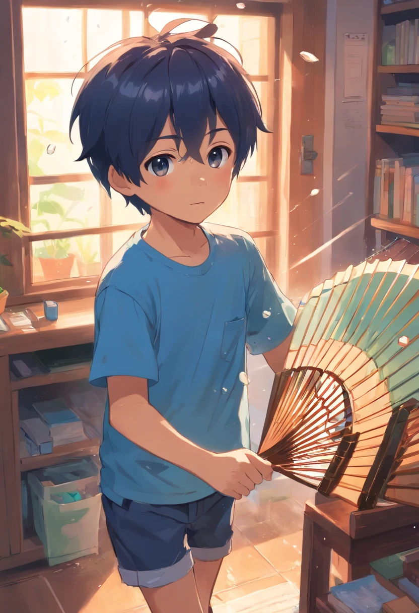 Cute boy wearing a short-sleeved blue T-shirt, sweating profusely and soaked, holding a folding fan indoors