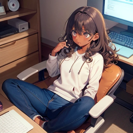 tanned woman, tanned skin, tan skin, tan woman, cross-legged, brown eyes, raised eyebrows, hoodie, sweatpants, bedroom, desk with a computer, brown curls, curly hair, curled hair, curls, brown hair, blush, doyagao, torogao, ahegao, blending, image fill, speed lines, anatomically correct, textured skin, masterpiece, 1080P,