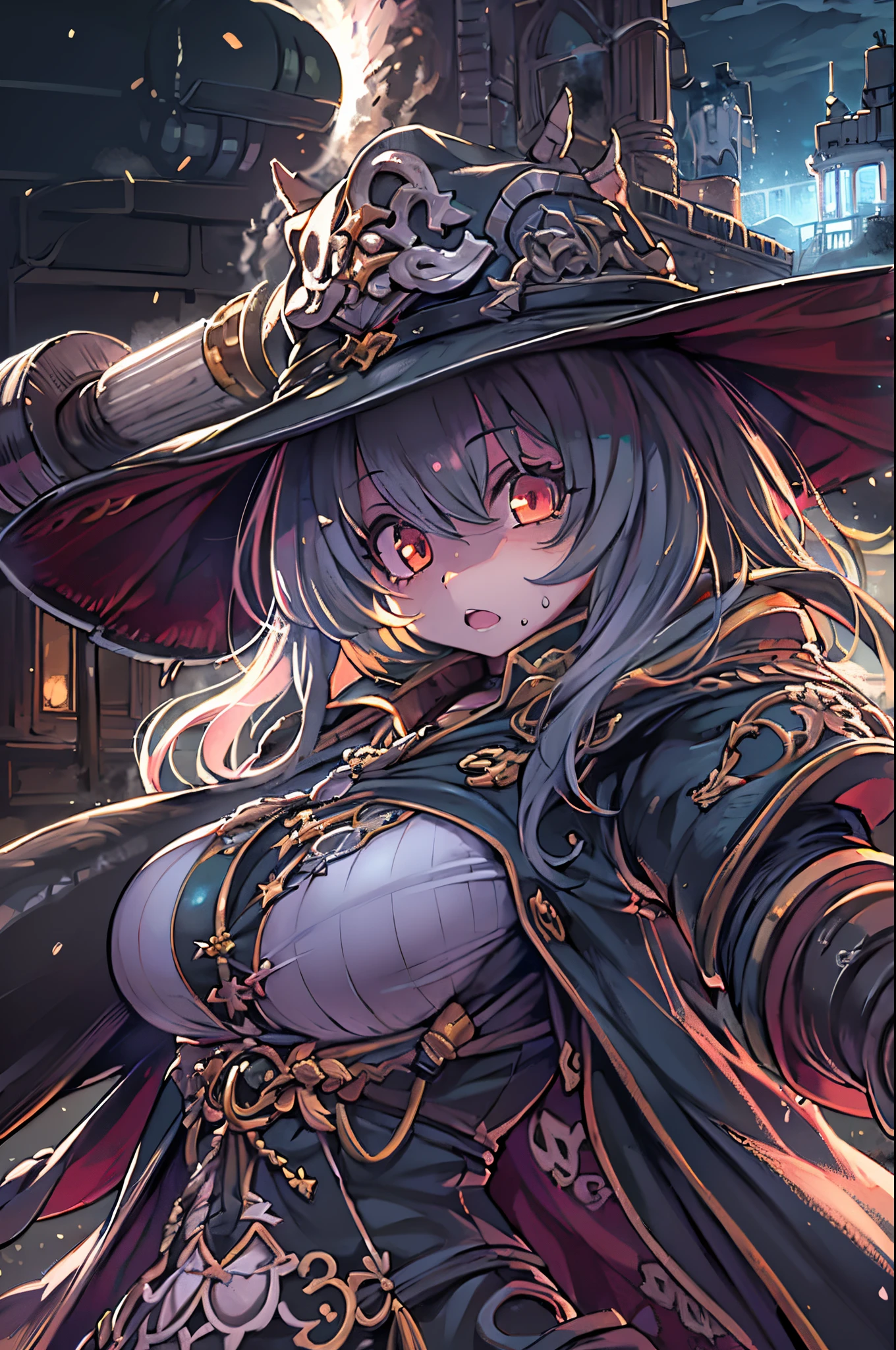 masutepiece、(Very detailed 8k wallpaper), Medium shot of Loline Necromancer, particle lighting, high detailing, Dramatic, Gatling gun in hand, clean back ground, Wearing a wizard's hat, Top weapon in the background removed、huge-breasted