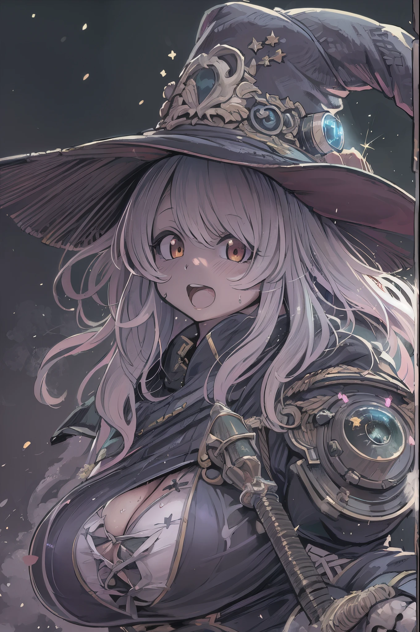 masutepiece、(Very detailed 8k wallpaper), Medium shot of Loline Necromancer, particle lighting, high detailing, Dramatic, Gatling gun in hand, clean back ground, Wearing a wizard's hat, Top weapon in the background removed、huge-breasted