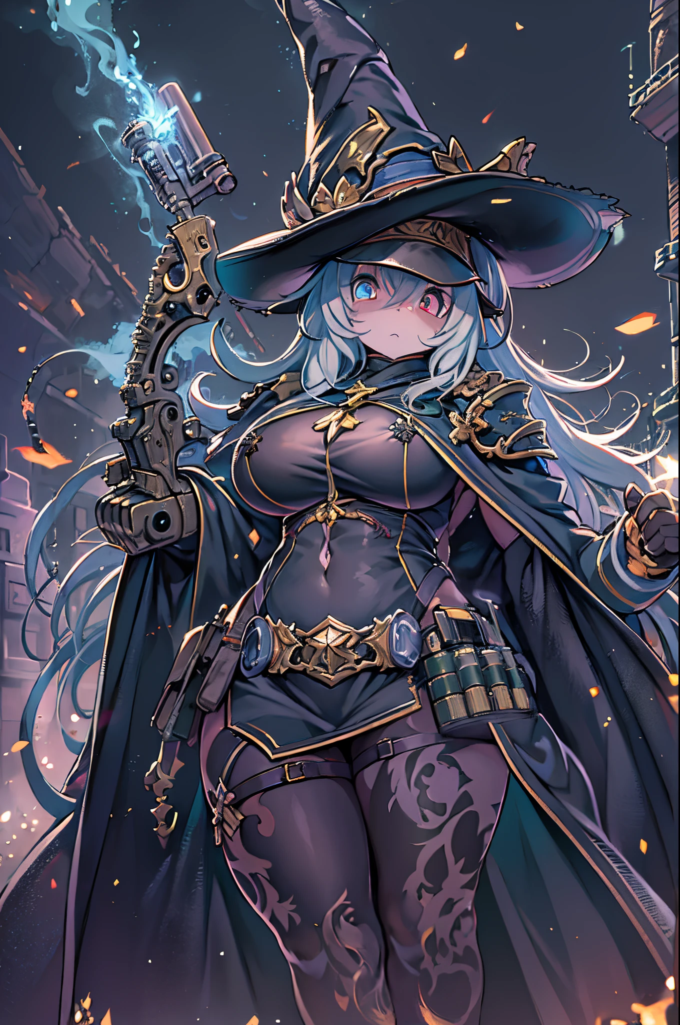 masutepiece、(Very detailed 8k wallpaper), Medium shot of Loline Necromancer, particle lighting, high detailing, Dramatic, Gatling gun in hand, clean back ground, Wearing a wizard's hat, Top weapon in the background removed、huge-breasted