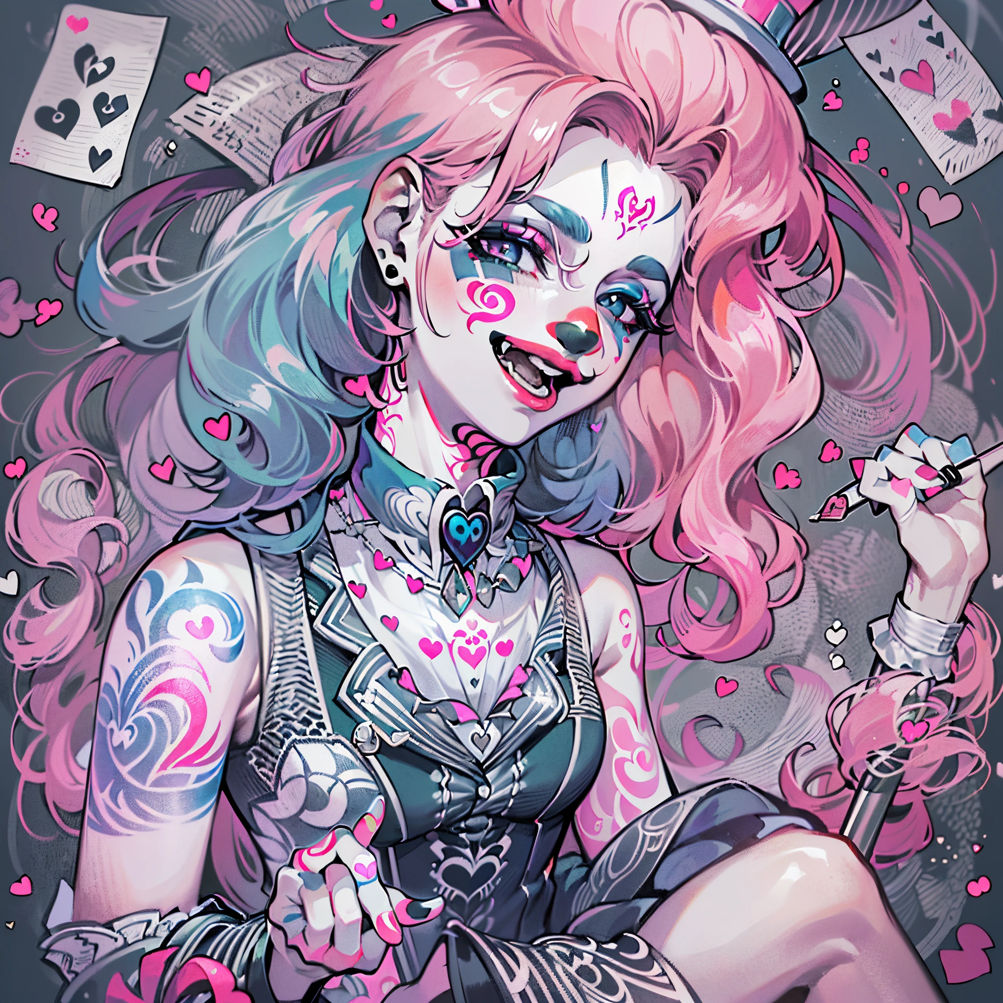 [(seductive, alluring art:1.4) ::7], (masterwork:1.4), BREAK (provocative joker in a playful bunny suit:1.3), (shot from below:1.4), (1female, alluring woman, playful smile, mischievous eyes), [black and white bunny suit: vibrant red bunny suit: 0.70], (green hair), [white gloves: black gloves: 0.60], (fishnet stockings), (high heels), BREAK (playing card prop:1.2), (colorful stage:1.1), spotlights, (smoky ambiance:0.9), (seductive pose), (teasing expression), (dark background:1.2)