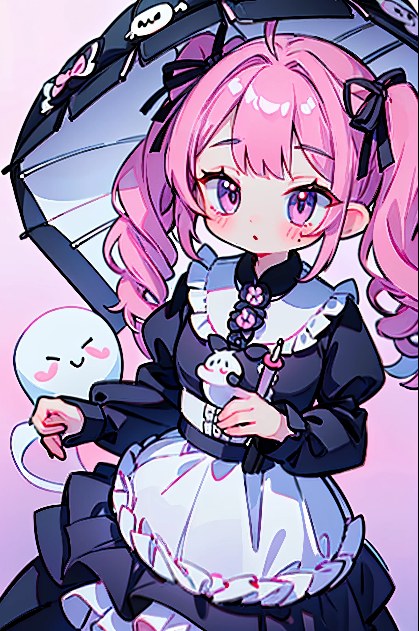 Masterpiece, best quality, high quality, ultra detailed, ghost princess, ghost and sakura aura, holding a cute umbrella, black pink gothic outfit, hair tied into two curly pigtails with black and white flower hairpins, perfect body shape, wearing black top hat with ribbon, masterpieces, light make up, ghost effect