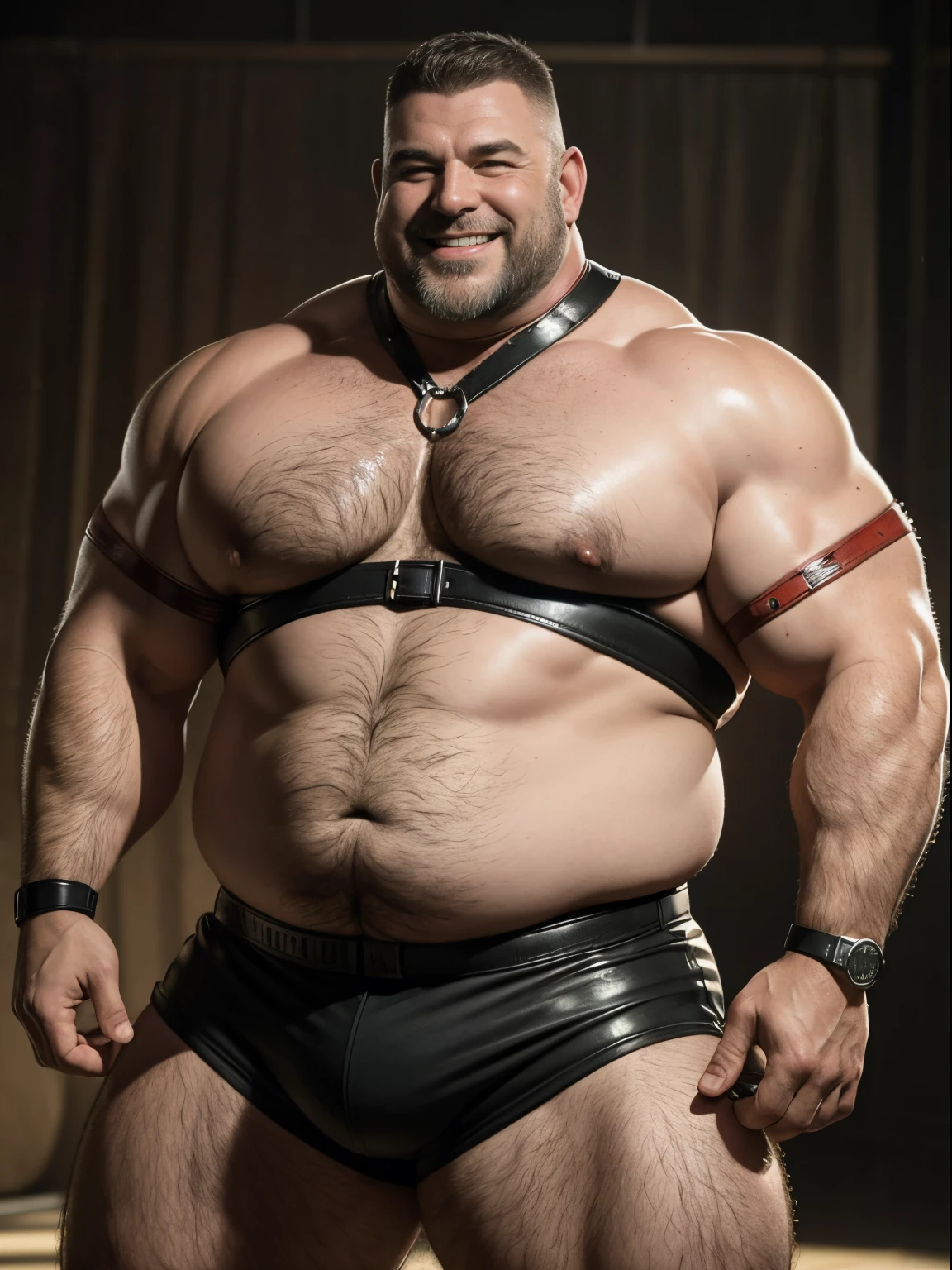 Portrait wearing only a leather strap over the entire body, cute white people, short-hair, thick arm muscles, thick leg muscles, bbw, strong, Fat middle-aged man with a bright smile, FULL BODYSHOT, Lots of BDSM gear, leather collar, medium hair shaved sides, strong, Muscular, hairy big belly bodybuilder, There is a lot of hair in the groin area, Large protrusions, a photo of, murky, Complex scenes, artstation, intriciate detail