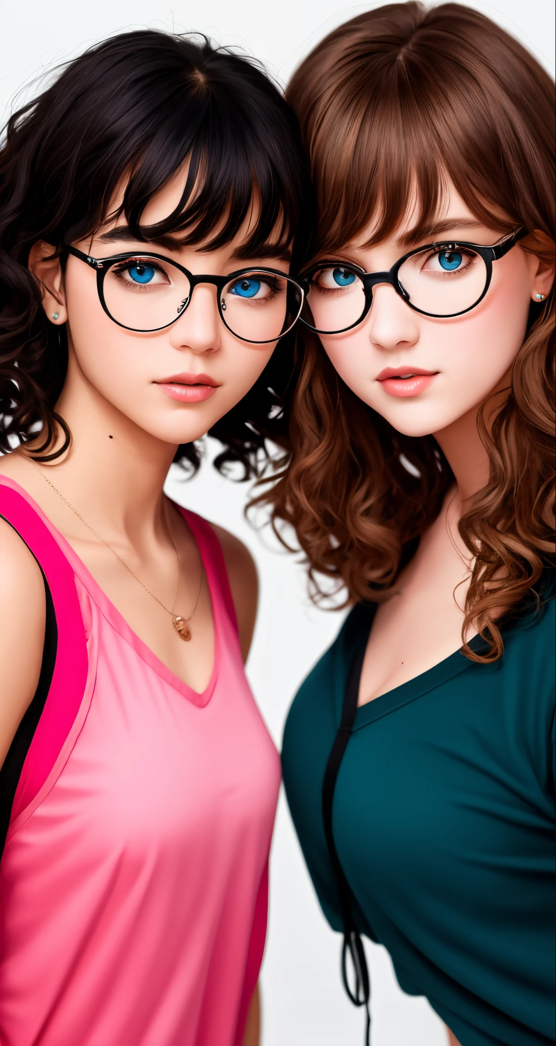 Two people one is a tall mixed black and white girl with curly black hair and brown eyes with dark pink glasses and the other is a white girl with brown medium length hair with bangs and hazel blue eyes