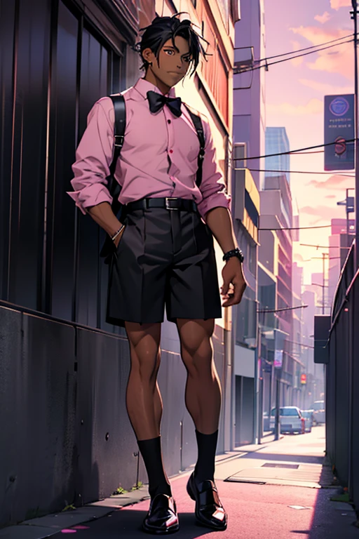 Dark Skin man, Purple Eyes, Black Hair, Anime Style, 4k Image, Full Body, Bar Outfit, Pink Button Up Shirt, Black Bow Tie, leg harness, Black Bermuda Shorts, Black High knee loafers, Earring, City Under A Pink Sky Background