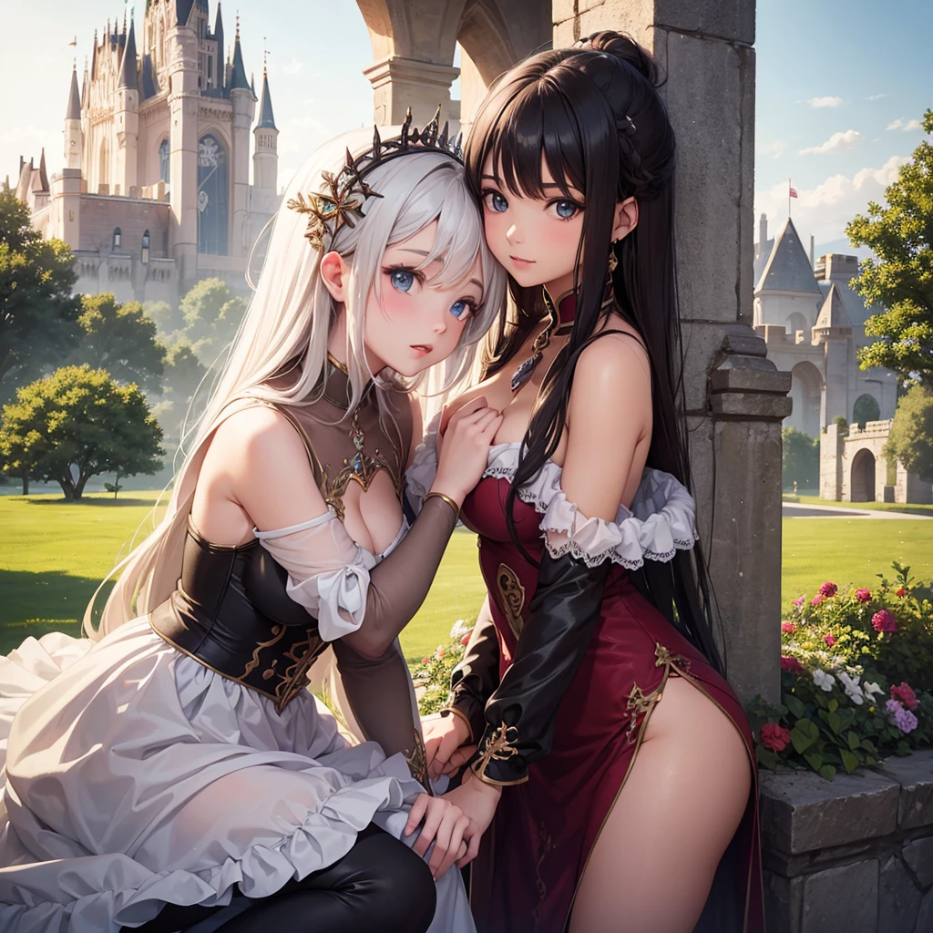 Two girls embrace, revealing clothing, beautiful face, beautiful eyes, castle, fantasy, outdoors, masterpiece, high quality