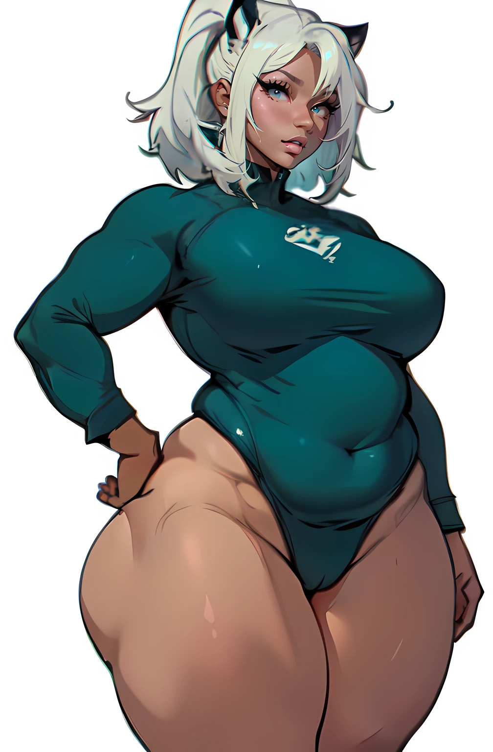 ((((((1 girl)))))), ((((chubby physique)))), nagatiti, medium breasts, thick thighs, wide hips, angry, curvy, white hair, solo, dark skin, leotard