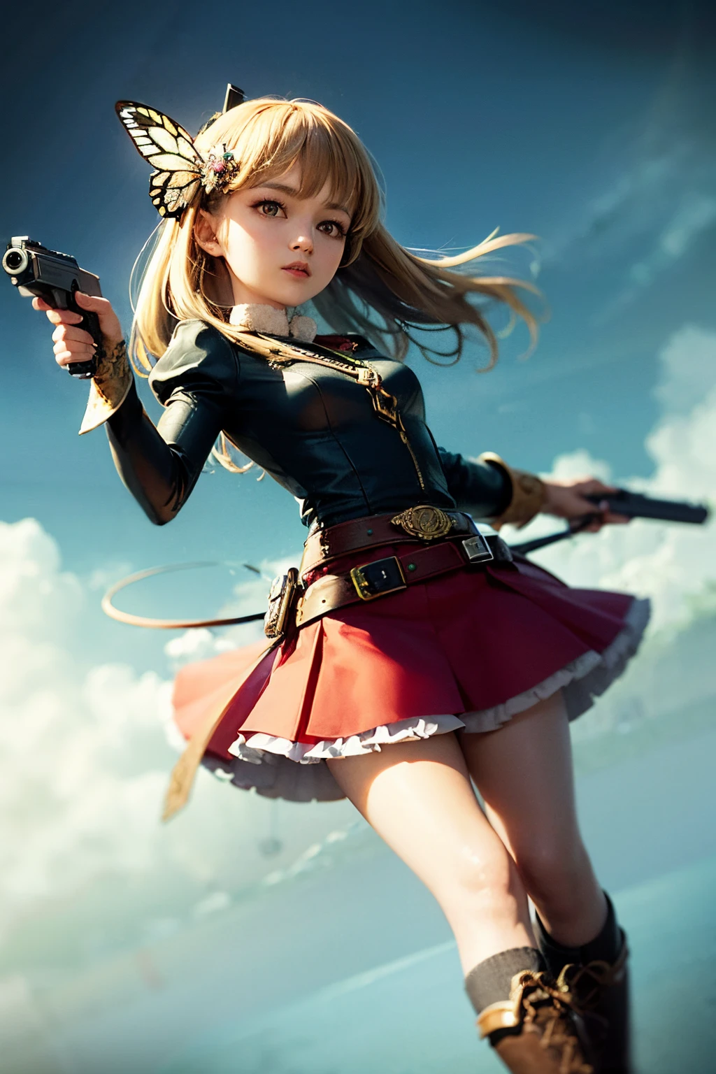 Octane Render、(Hyper-detailing: 1.15)、cinematic lightening、Cute Fantasy Princess、Handgun shooting practice、Fine Pattern Pistol,long boots、ultradetailed eyes、Full Paint、(Floral hair ornament、butterfly hair ornament)、masutepiece、Anatomically correct、blur、depth of fields