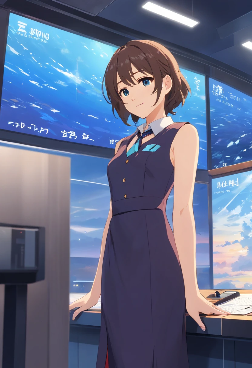 an anchor，wearing a formal dress，Standing elegantly in front of a broadcast booth。With a friendly smile on his face，Preparing to announce the weather forecast to the audience。Behind is a big screen