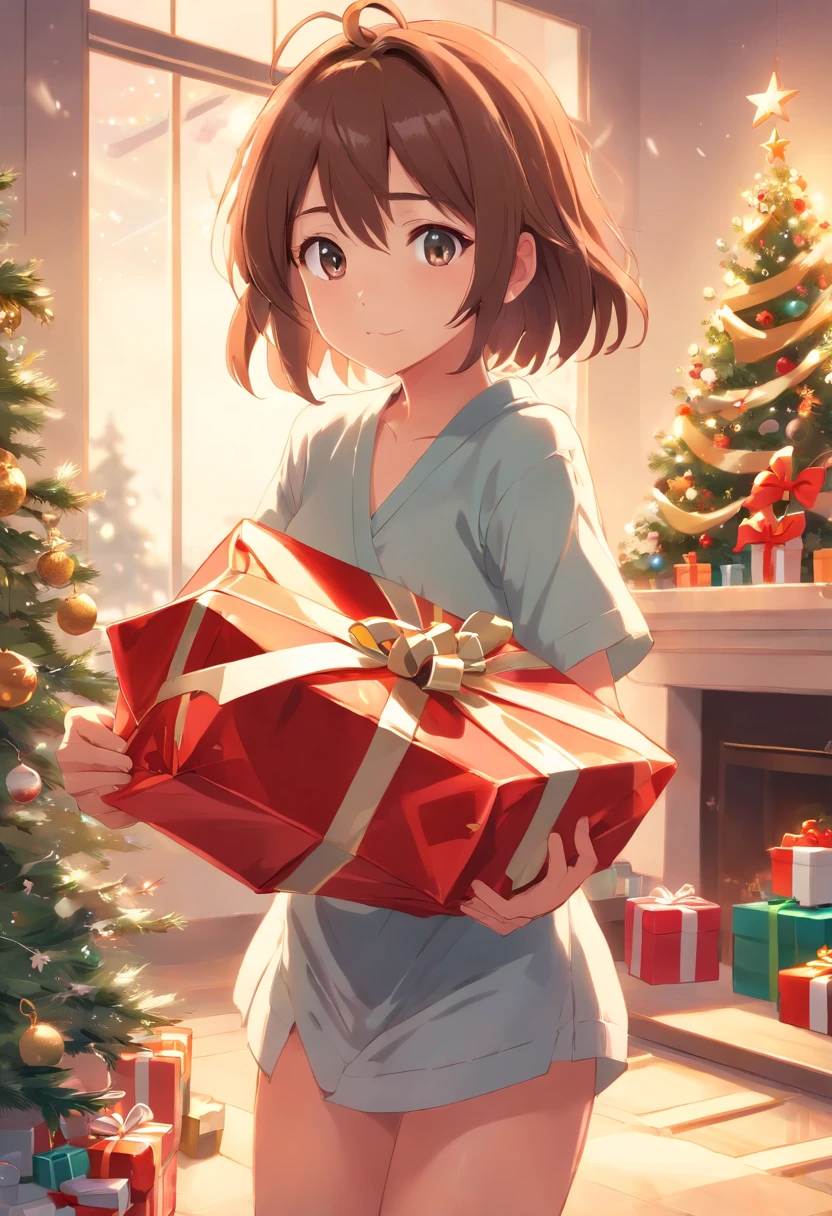 1 girl wrapped like christmass present, sweet lengerie, clumsy pose, fullbody,