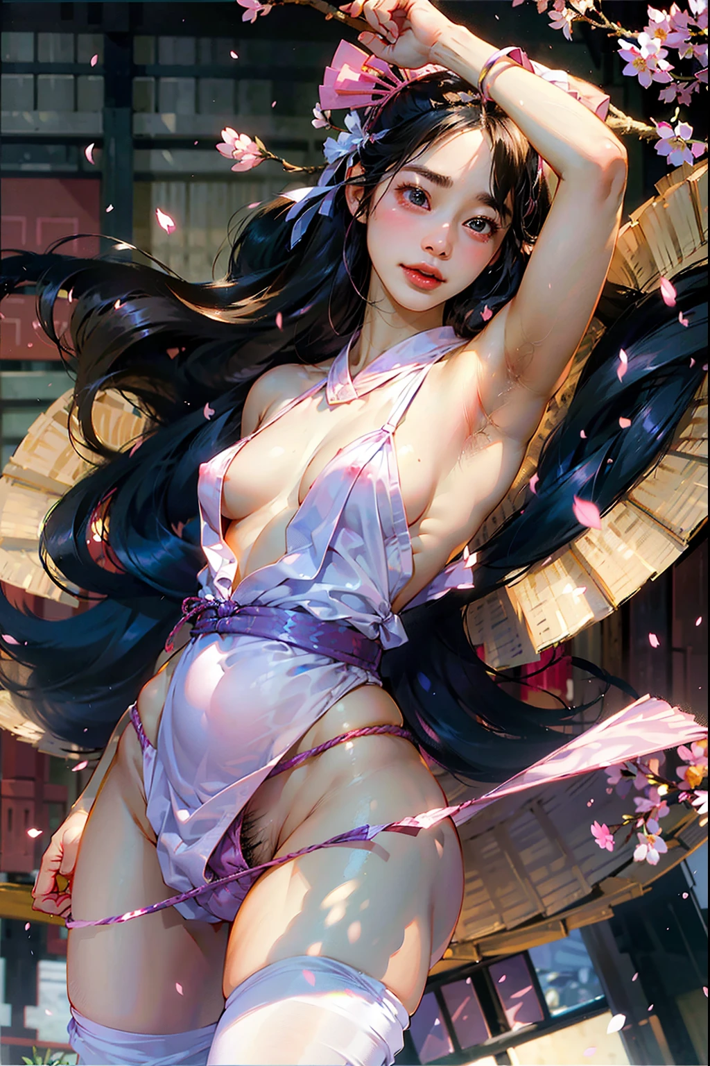 ((Best Quality)),NSFW,((photo realistic)),((Absurd resolution,Ultra High Resolution,Highly detailed)),(Highly detailed face:1.2),soft lighting,1girl,((Japanese woman)),(young adult),(dancing),(cherry blossoms:1.2),(beautiful detailed eyes),large iris,brown eyes,(pink fundoshi:1.3),(fun-roku),(stockings),(feminine),((beautiful)),(pretty face),(cry),(open mouth:1.2),((big bulge)),((penis peek)),(armpit hair:1.3),detailed skin,(pale skin),(Pubic hair),(topless:1.4),Thick eyebrows,straight eyebrows,Low eyebrows,(thick lips:1.2),(Glossy lips),(lip stick),((blush)),(athletic body:1.4),(slim),((curvy hips)),((round hip)),(wide forehead),braid,Perfect Anatomy,(flat chest:1.5),(Black medium hair),nipples,(muscular:0.8),hair accessory, flower accessory,(Japanese fan)