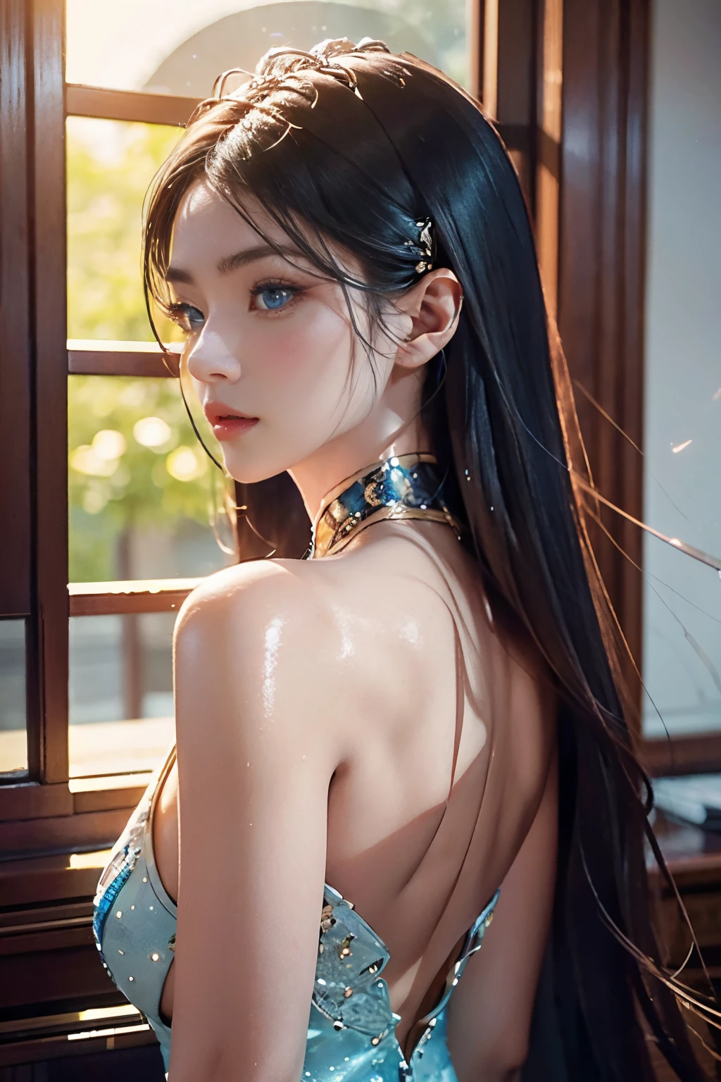 masterpiece, best quality, 4k resolution, Mysterious close shot of a nixie from side, her glistening scales reflecting moonlight, deep blue eyes filled with secrets of the deep galaxy, water droplets on her skin shimmering like diamonds, she looks back at the camera, cheongsam, see-through,