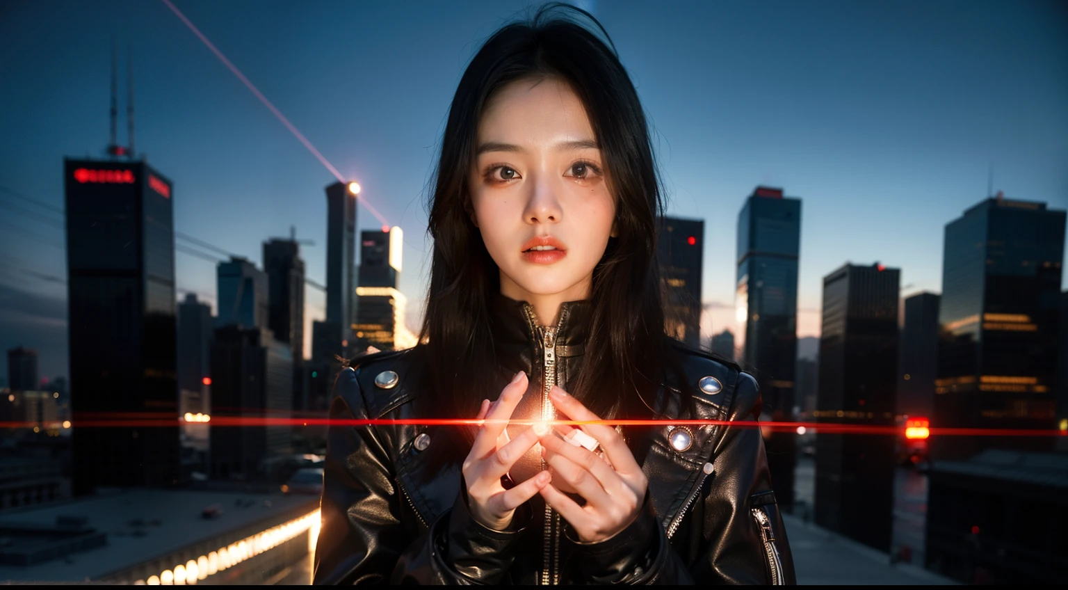 Girls in cyberpunk city, 1girl --s1000,Wandering Earth,future girls,Perfect eyes,eyeslashes,Textured skin,extreme light,laser,--no body technology equipment,Faraway view,Large panoramic ultra-high definition 8K perfect light effect,with light glowing