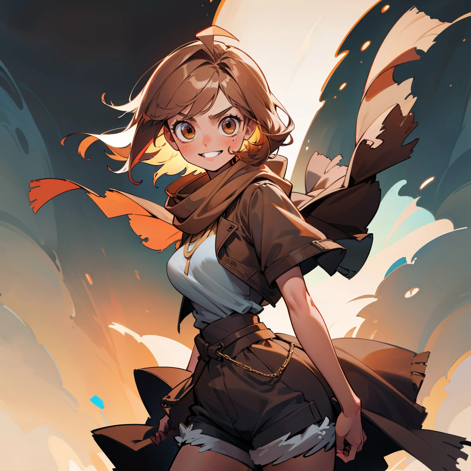 cute androgynous bimbo girl, short, cute, tan skin, huge breasts. 1girl, {solo}, upper body ,{{ {looking at viewer}}}, arm at side, concept art, white background, simple background, brown hair, beautiful hair , complex cloth, asymmetrical clothes, best quality, masterpiece, dynamic angle, cowboy_shot, looking_back, grabbing, girl,woman,female, young,20 years old, medium length hair, flipped hair, brown hair, flowing hair, ahoge, smirk, beautiful and delicate brown eyes, teeth, brown eyes, brown skin, Hispanic, coat, scarf, flowing scarf, large scarf, white shirt, black_shorts, grey Clothes, transparent_background, backlighting, absurdres, highres, ultra detailed,
