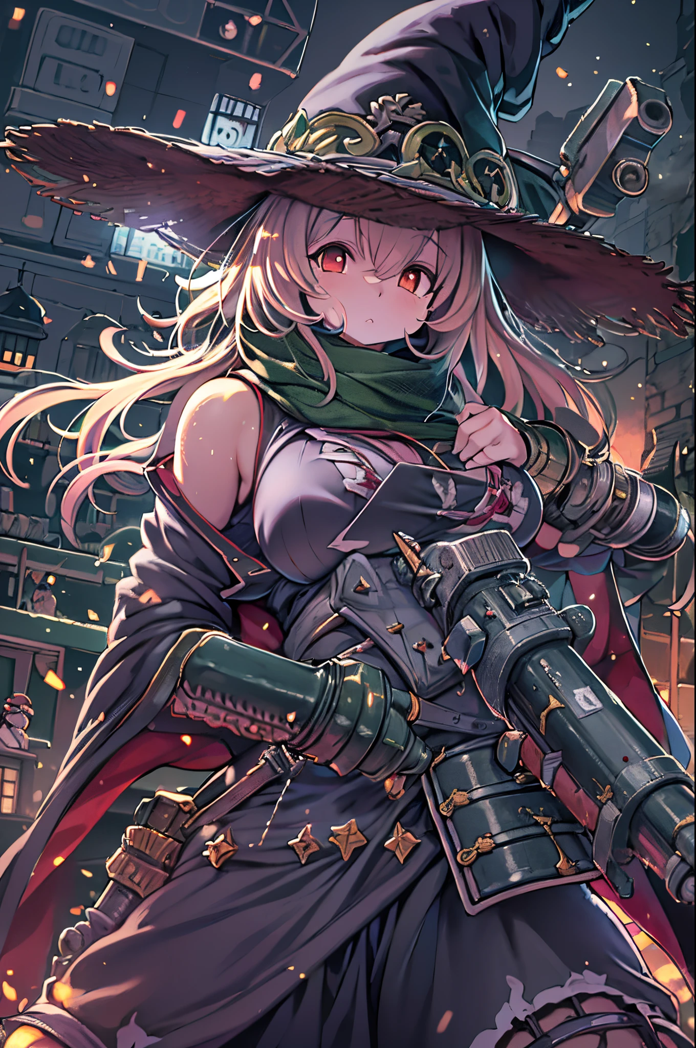 masutepiece、(Very detailed 8k wallpaper), Medium shot of ne Necromancer, particle lighting, high detailing, Dramatic, Gatling gun in hand, clean back ground, Wearing a wizard's hat, Top weapon in the background removed、huge-breasted