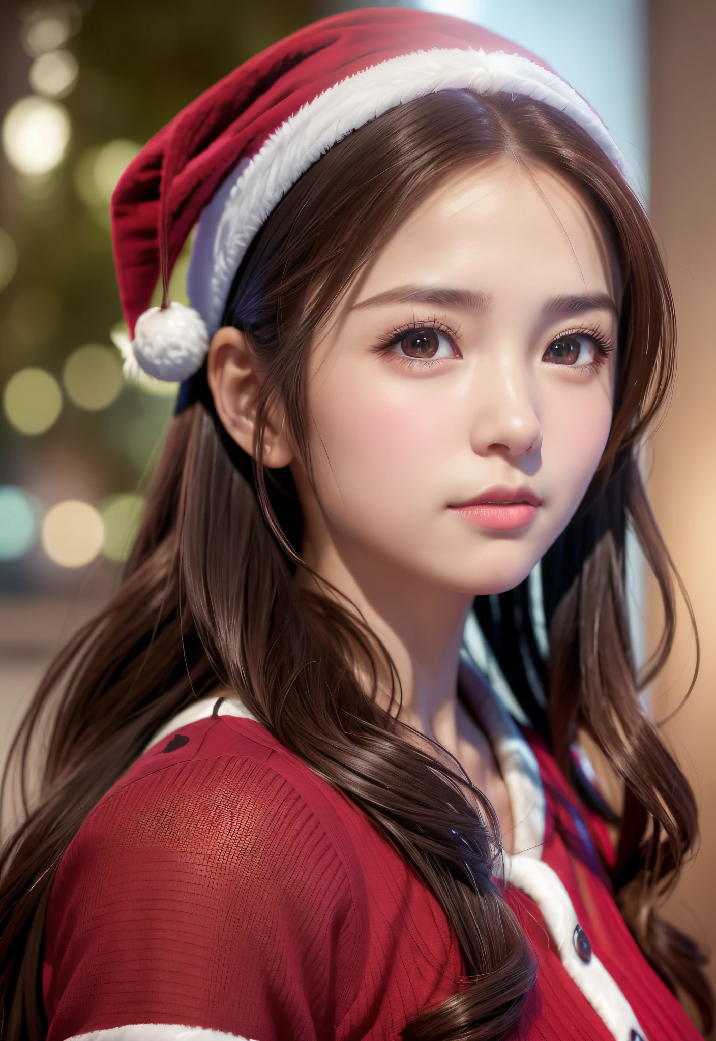 8K, of the highest quality, masutepiece:1.2), (Realistic, Photorealsitic:1.37), of the highest quality, masutepiece, Beautiful young woman, Pensive expression,、A charming、and an inviting look, cute santa clothes, Hair tied back, Cinematic background, Light skin tone