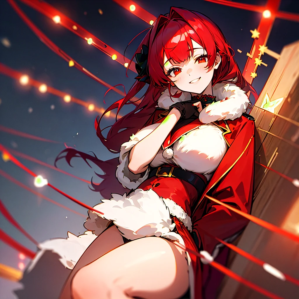 Houshou Marine,hololive,Yellow left eye、Odd red eye on the right eye,Smile in ecstasy,red hair half up,Long coat in red,Fluffy gloves,Christmas Lights Background,Glamorous breasts,illustratio,24 year old
